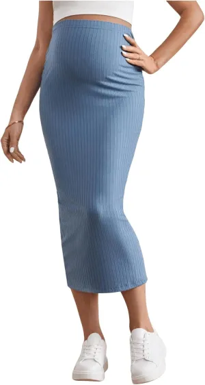 SHENHE Women's Maternity Skirt Adjustable Rib Knit High Waist Split Pencil Long Skirt