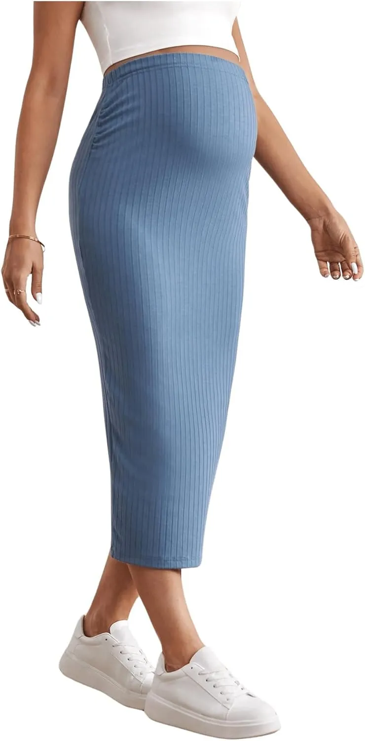 SHENHE Women's Maternity Skirt Adjustable Rib Knit High Waist Split Pencil Long Skirt