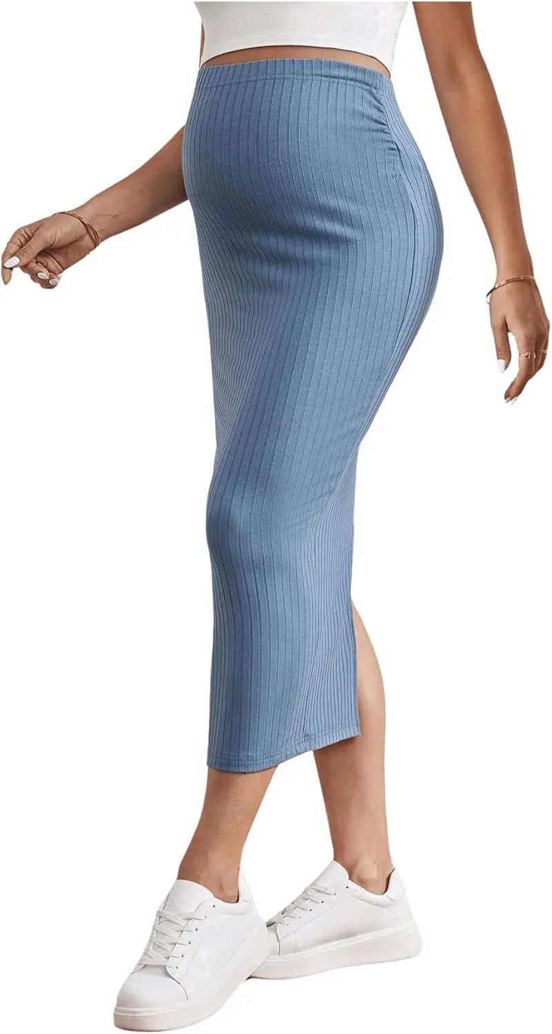 SHENHE Women's Maternity Skirt Adjustable Rib Knit High Waist Split Pencil Long Skirt