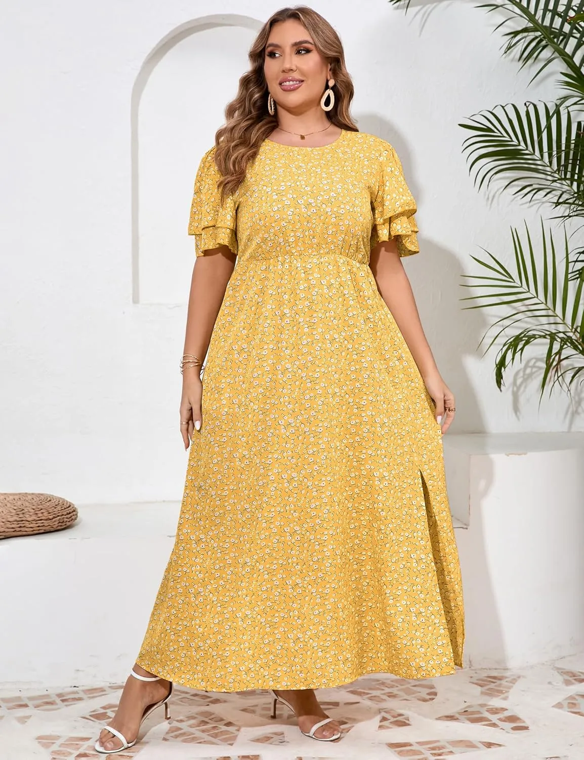 ShopWonder Women Plus Size Maxi Dress Round Neck Ruffle Short Sleeves High Waist Split Summer Casual Dress with Pockets