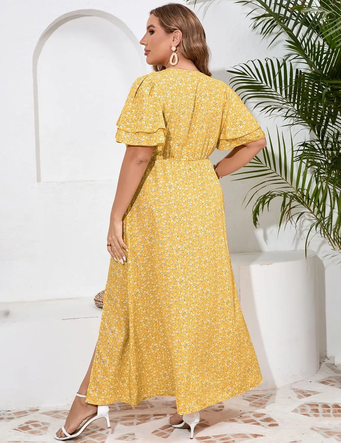 ShopWonder Women Plus Size Maxi Dress Round Neck Ruffle Short Sleeves High Waist Split Summer Casual Dress with Pockets