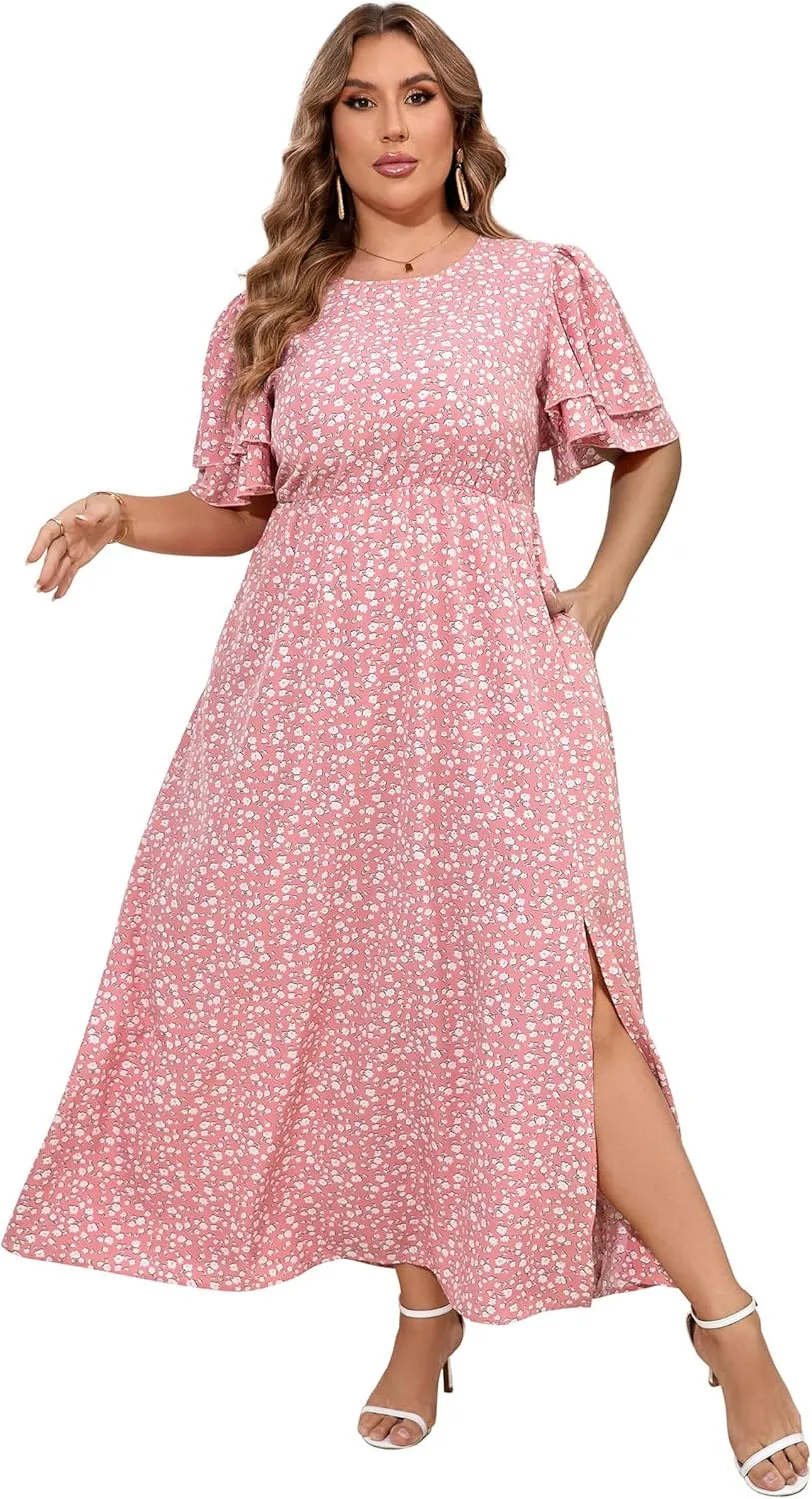 ShopWonder Women Plus Size Maxi Dress Round Neck Ruffle Short Sleeves High Waist Split Summer Casual Dress with Pockets