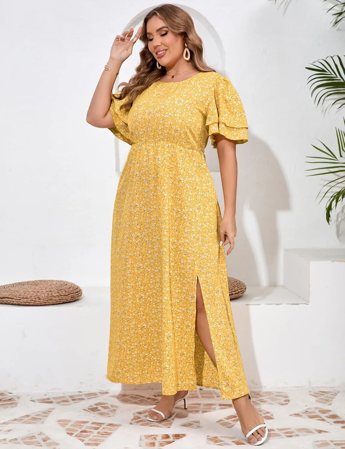 ShopWonder Women Plus Size Maxi Dress Round Neck Ruffle Short Sleeves High Waist Split Summer Casual Dress with Pockets