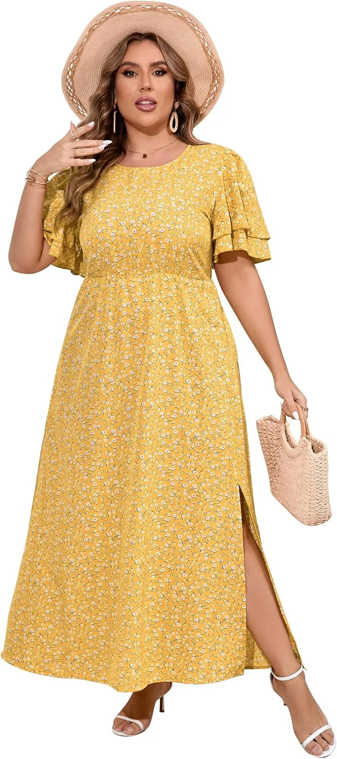ShopWonder Women Plus Size Maxi Dress Round Neck Ruffle Short Sleeves High Waist Split Summer Casual Dress with Pockets
