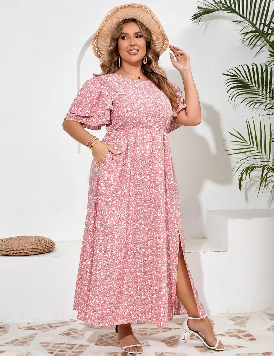 ShopWonder Women Plus Size Maxi Dress Round Neck Ruffle Short Sleeves High Waist Split Summer Casual Dress with Pockets