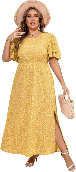ShopWonder Women Plus Size Maxi Dress Round Neck Ruffle Short Sleeves High Waist Split Summer Casual Dress with Pockets