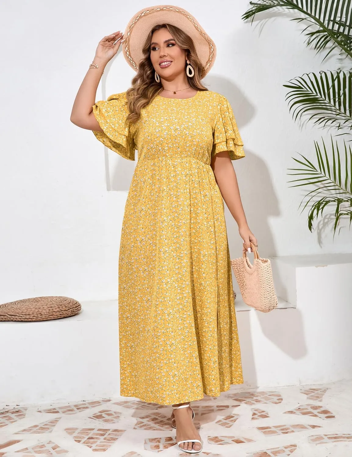 ShopWonder Women Plus Size Maxi Dress Round Neck Ruffle Short Sleeves High Waist Split Summer Casual Dress with Pockets