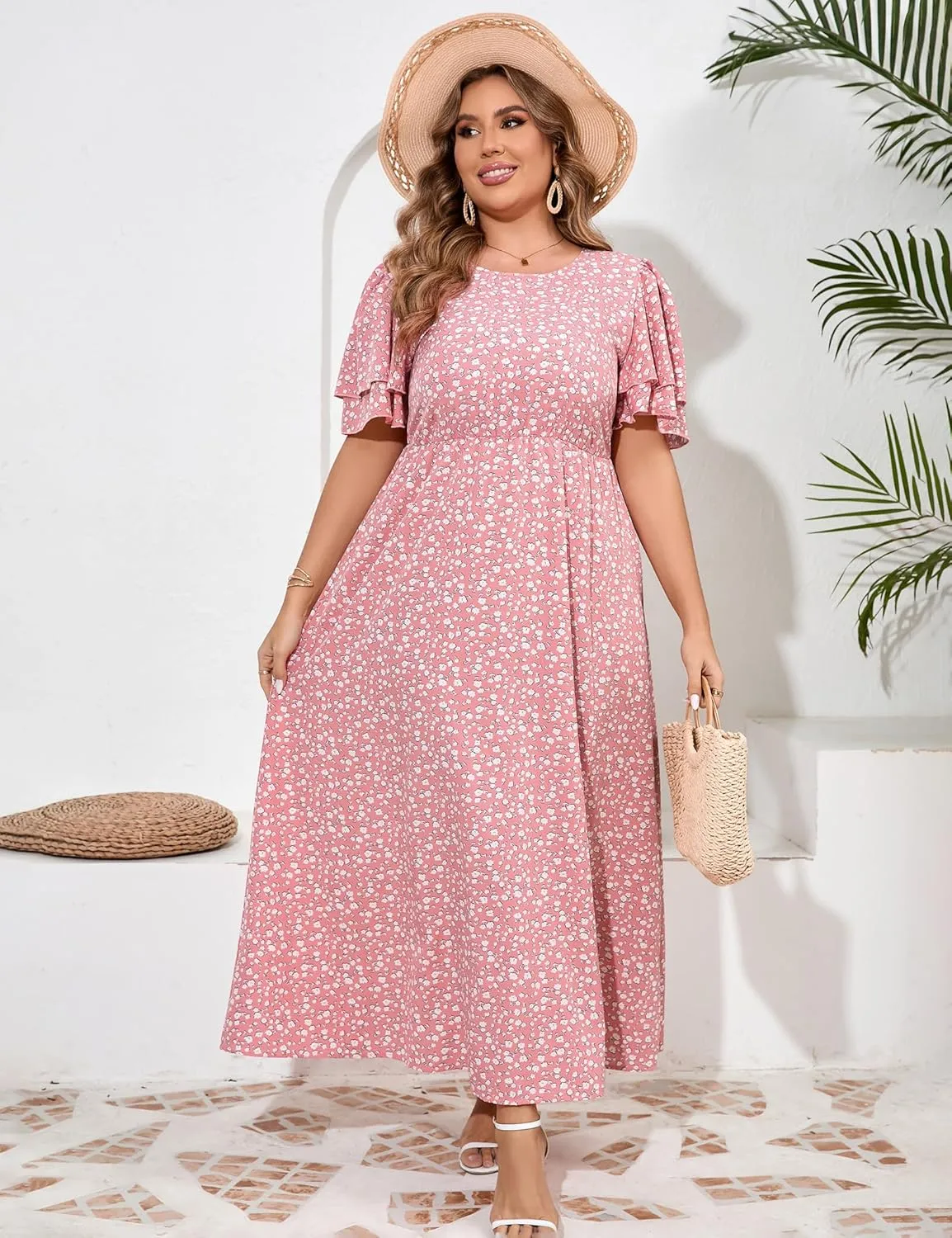 ShopWonder Women Plus Size Maxi Dress Round Neck Ruffle Short Sleeves High Waist Split Summer Casual Dress with Pockets