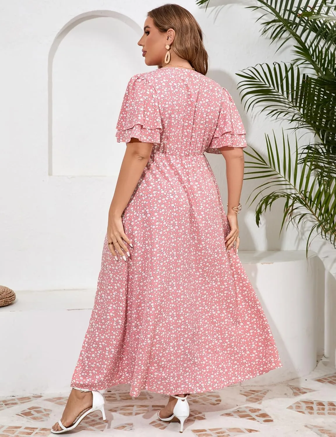 ShopWonder Women Plus Size Maxi Dress Round Neck Ruffle Short Sleeves High Waist Split Summer Casual Dress with Pockets