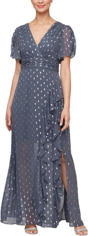 S.L. Fashions Women's Plus Size Short Sleeve Long Maxi Dress with Ruched Waist, Spring/Summer Gown, Wedding Guest