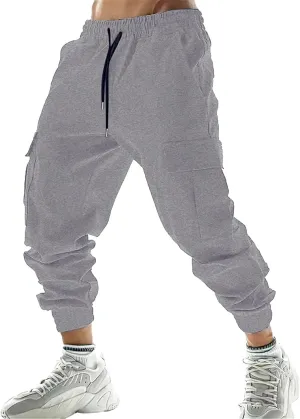Slim Fit Cargo Pants Mens Multi-Pockets Solid Jpggers Sweatpants Drawstring Outdoor Athletic Cotton Lounge Track Pants