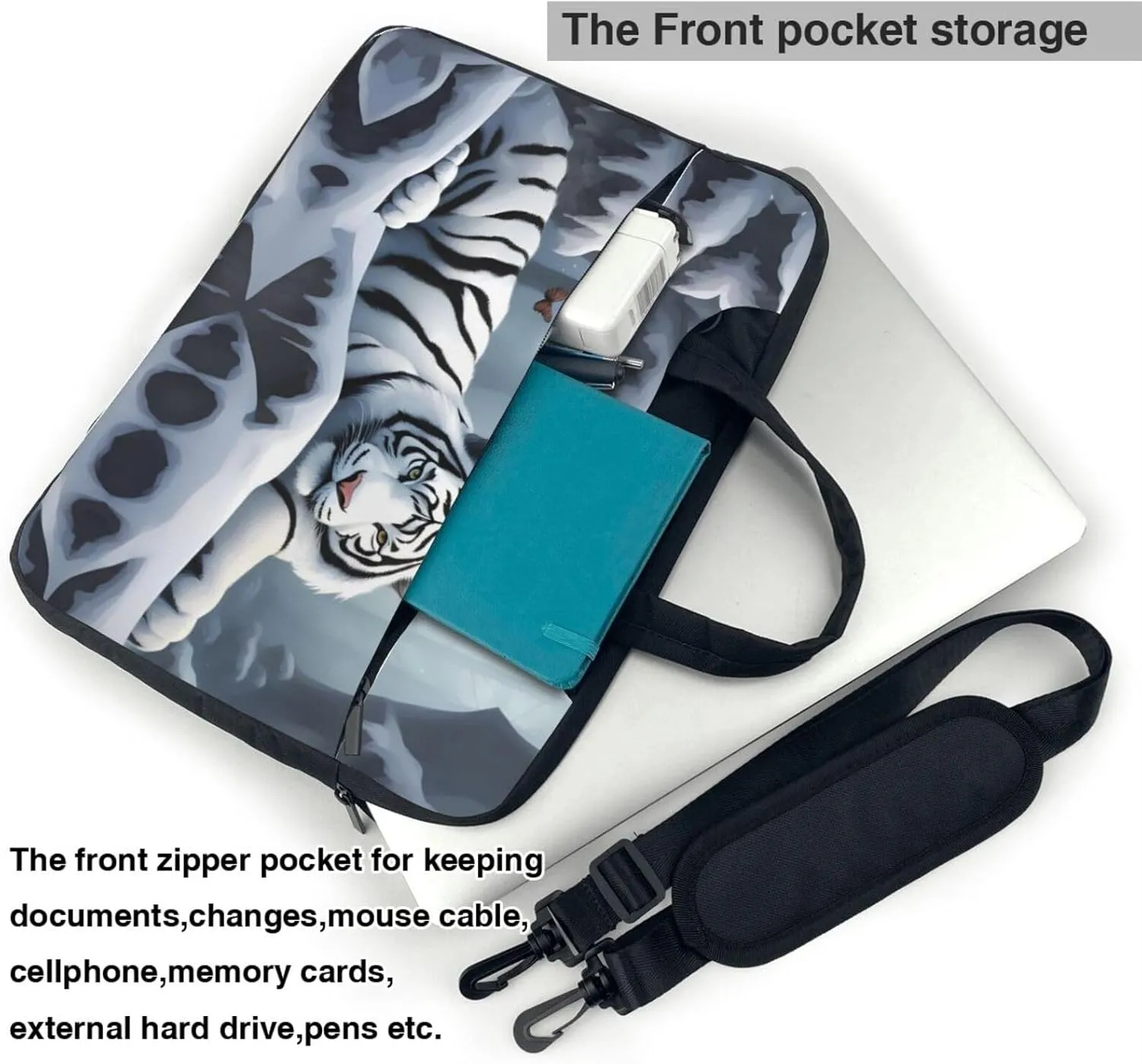 Snow White Tiger pattern Fashionable and ultra-thin shoulder laptop bag Shockproof soft lining