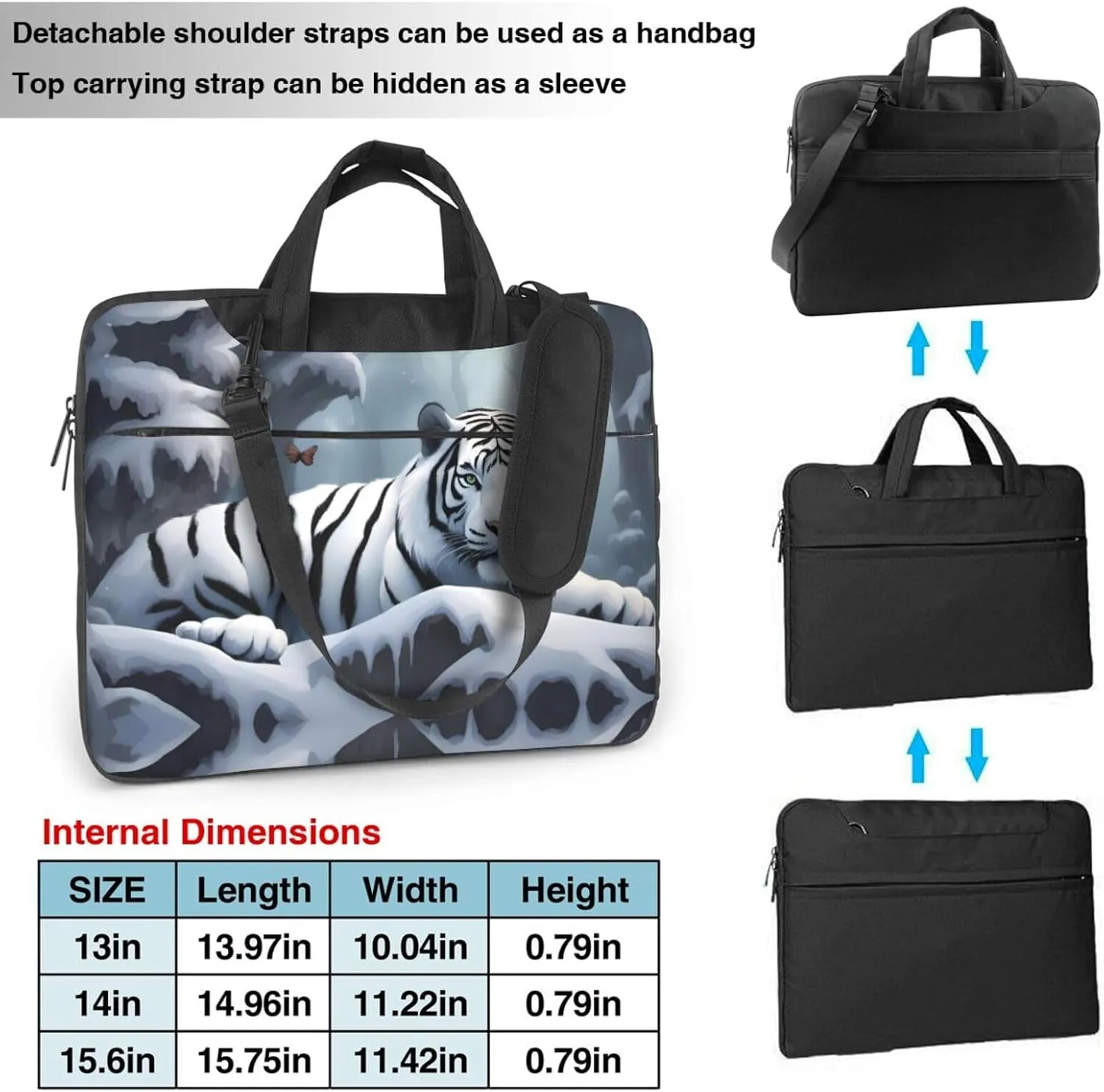Snow White Tiger pattern Fashionable and ultra-thin shoulder laptop bag Shockproof soft lining