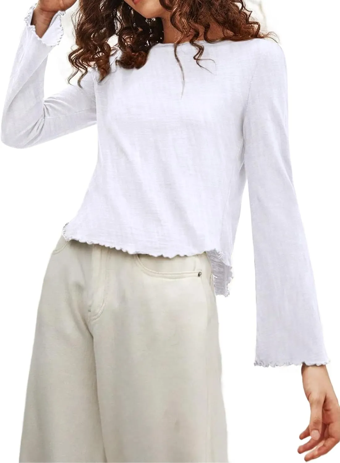 SOFIA'S CHOICE Women's Flare Long Sleeve Crop Top T Shirt Crewneck Lettuce Trim Tops