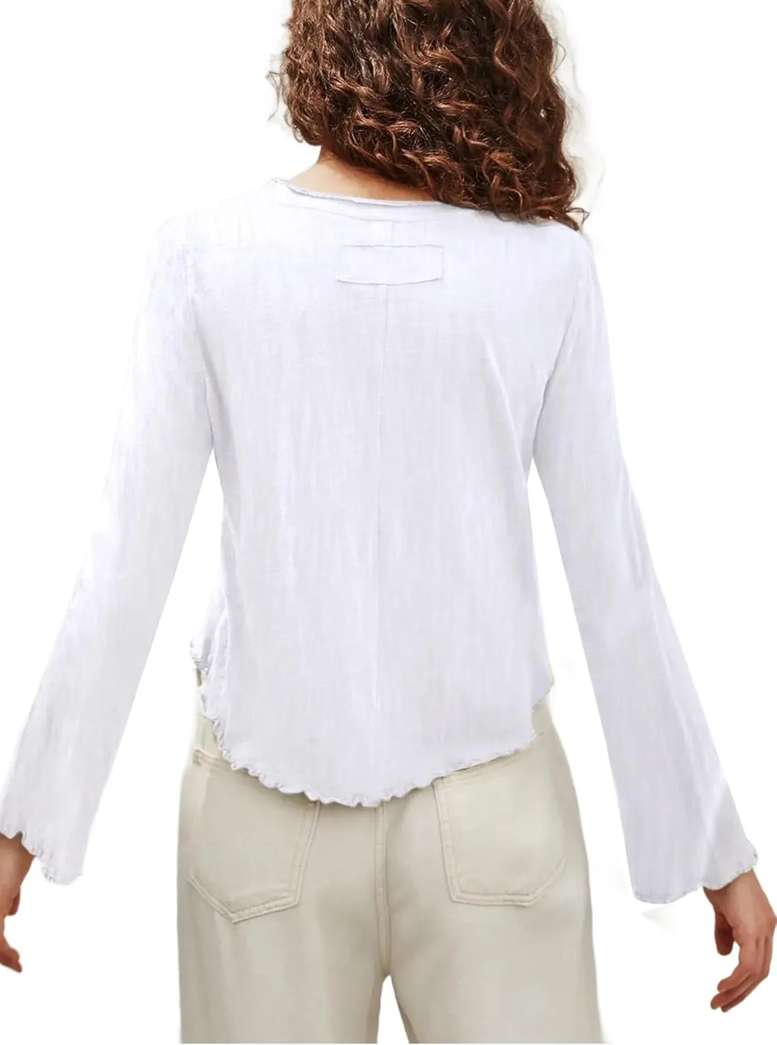 SOFIA'S CHOICE Women's Flare Long Sleeve Crop Top T Shirt Crewneck Lettuce Trim Tops