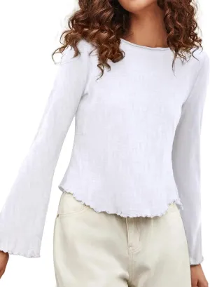 SOFIA'S CHOICE Women's Flare Long Sleeve Crop Top T Shirt Crewneck Lettuce Trim Tops