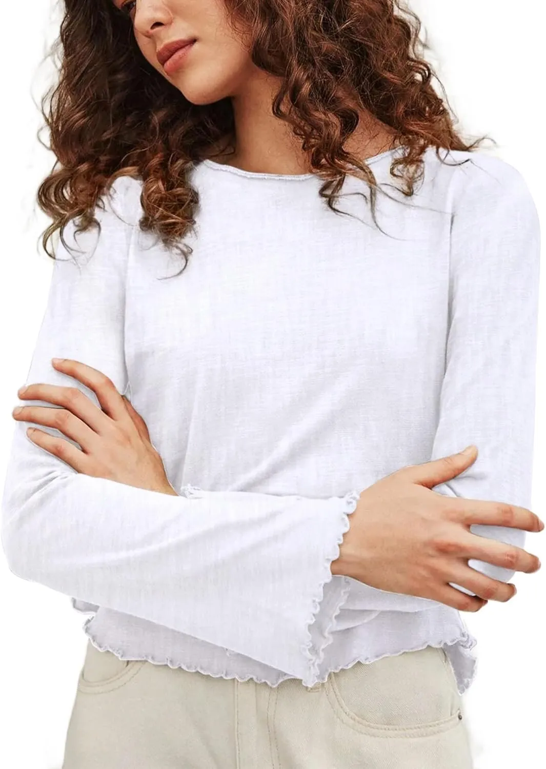 SOFIA'S CHOICE Women's Flare Long Sleeve Crop Top T Shirt Crewneck Lettuce Trim Tops