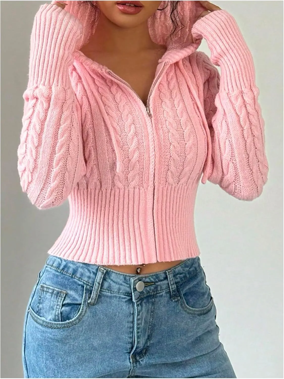SOLY HUX Women's Zip Up Hooded Crop Cardigan Cable Knit Hoodies Long Sleeve Y2k Sweater Jacket