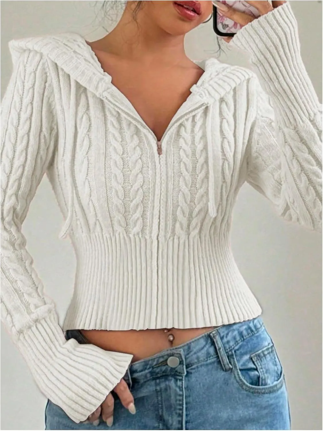 SOLY HUX Women's Zip Up Hooded Crop Cardigan Cable Knit Hoodies Long Sleeve Y2k Sweater Jacket