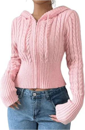 SOLY HUX Women's Zip Up Hooded Crop Cardigan Cable Knit Hoodies Long Sleeve Y2k Sweater Jacket