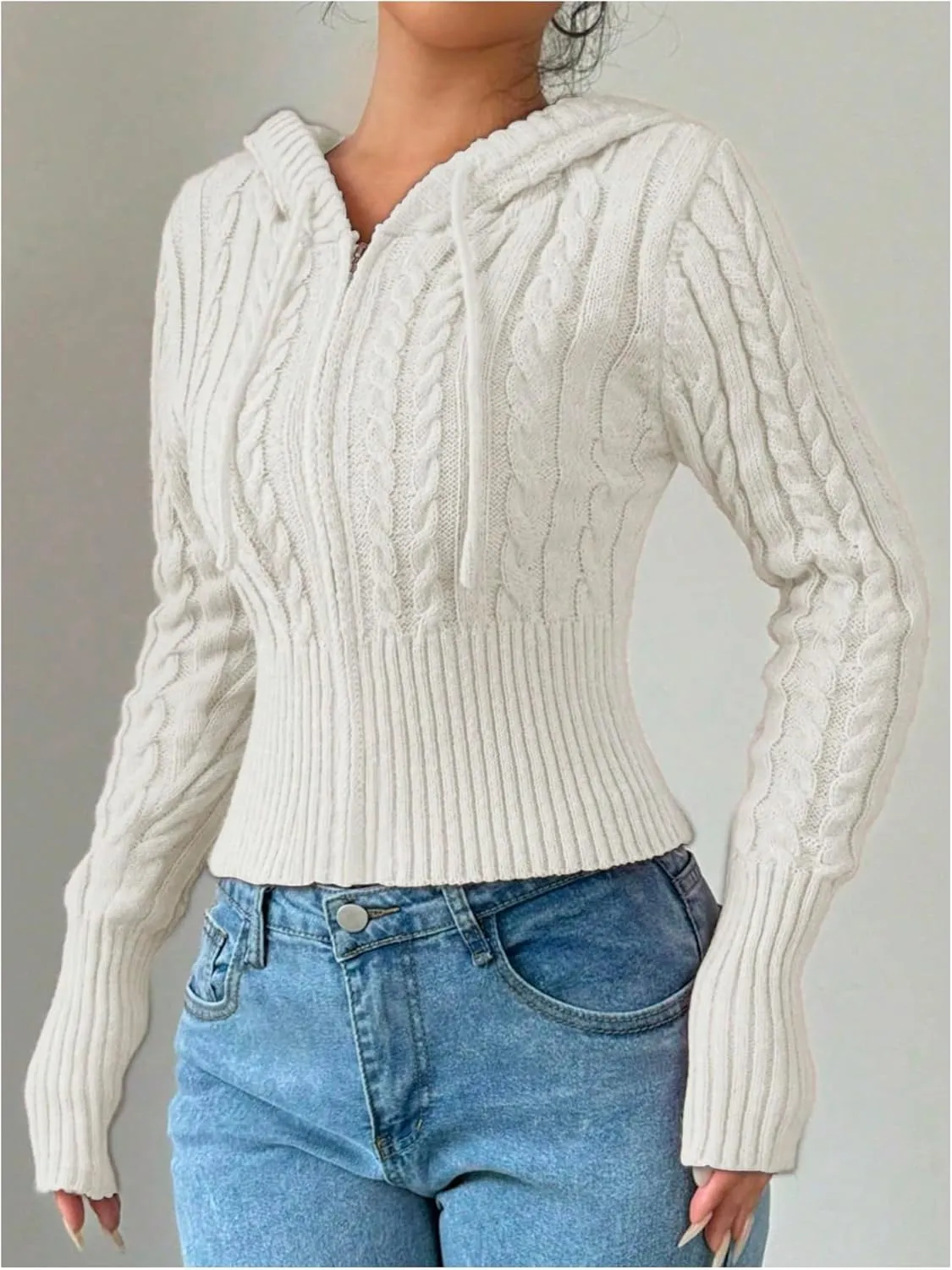 SOLY HUX Women's Zip Up Hooded Crop Cardigan Cable Knit Hoodies Long Sleeve Y2k Sweater Jacket
