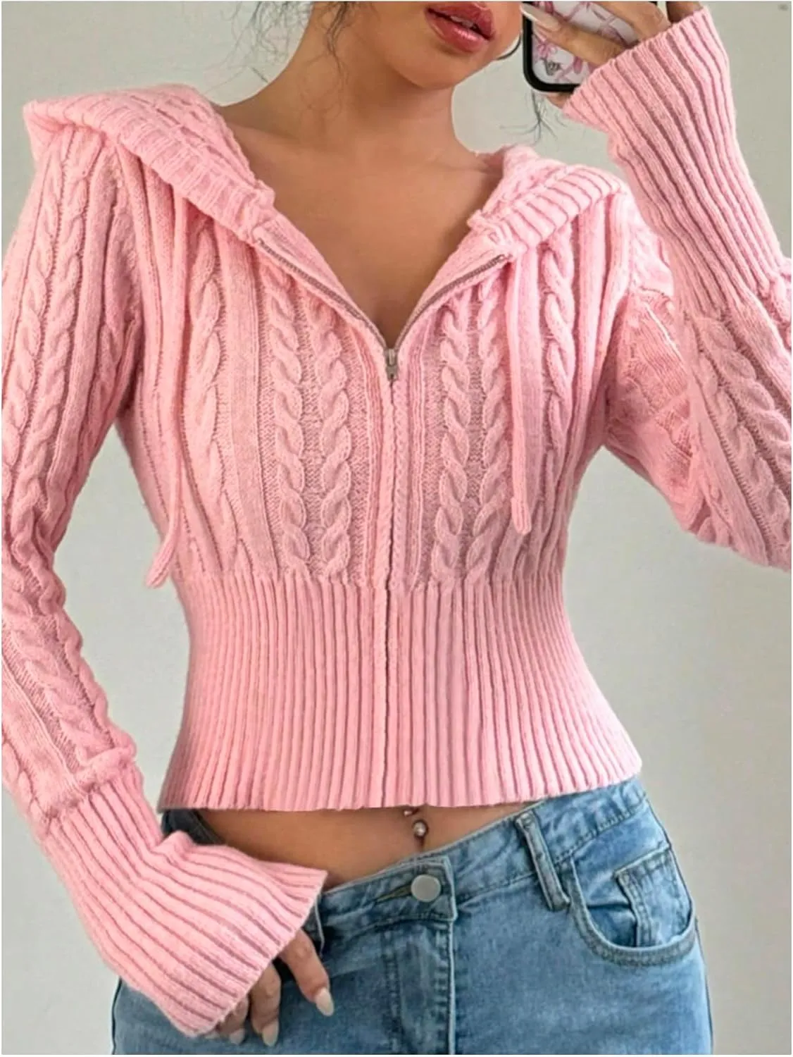 SOLY HUX Women's Zip Up Hooded Crop Cardigan Cable Knit Hoodies Long Sleeve Y2k Sweater Jacket
