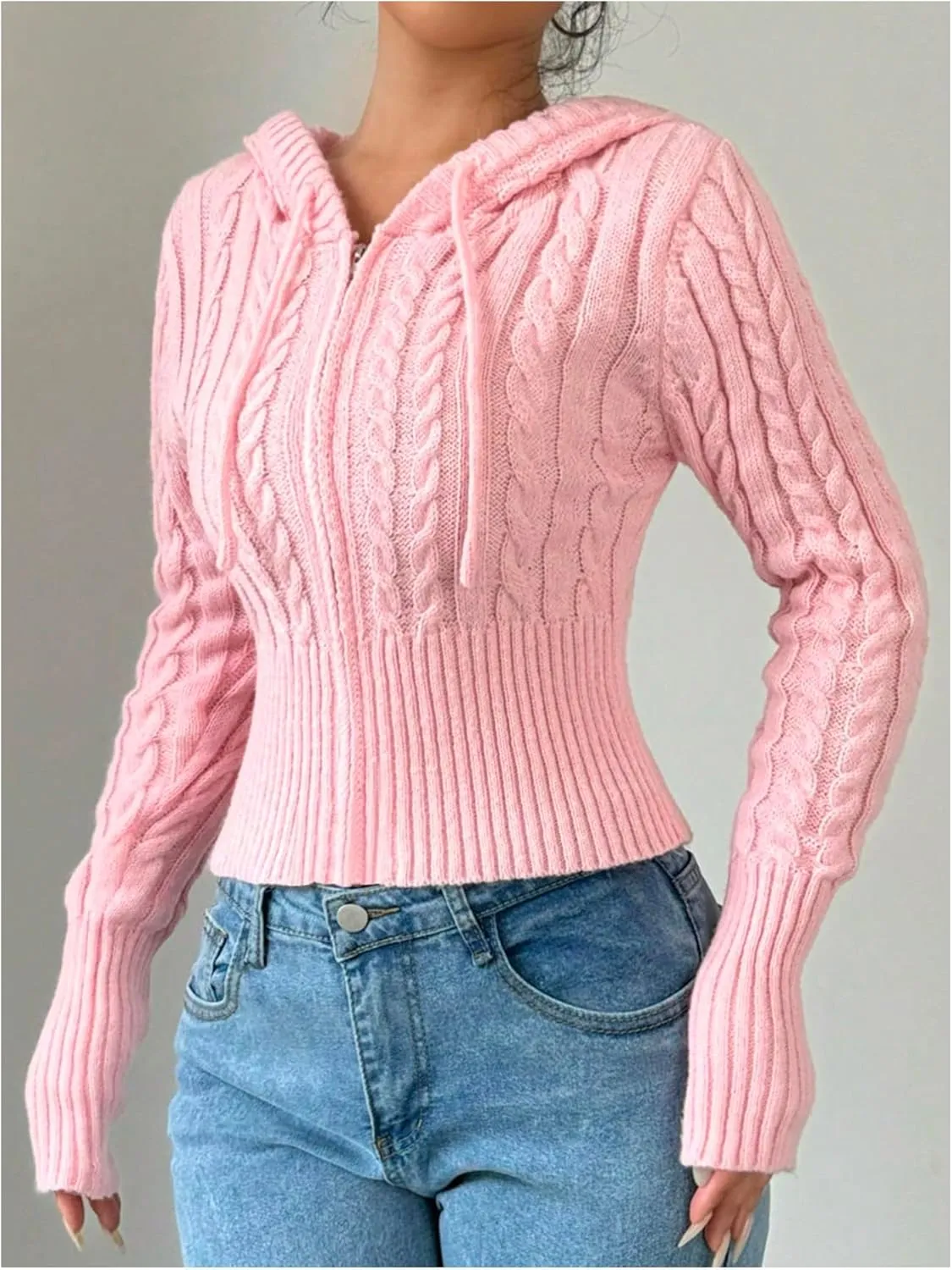 SOLY HUX Women's Zip Up Hooded Crop Cardigan Cable Knit Hoodies Long Sleeve Y2k Sweater Jacket
