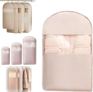 Space Saving Hanging Garment Bag with Self Compression Zipper, 2025 New Space Saving Hanging Protector, Suitable for Down Jackets and Wardrobe Organization and Storage, (Apricot pink,L XL)