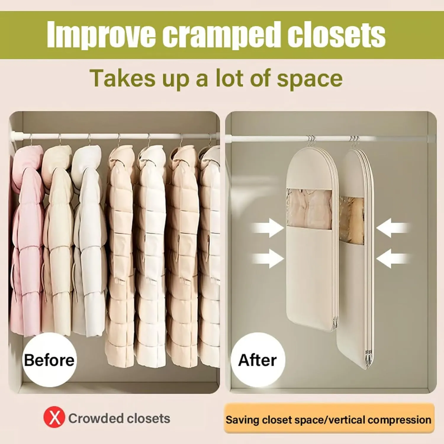 Space Saving Hanging Garment Bag with Self Compression Zipper, 2025 New Space Saving Hanging Protector, Suitable for Down Jackets and Wardrobe Organization and Storage, (Apricot pink,L XL)