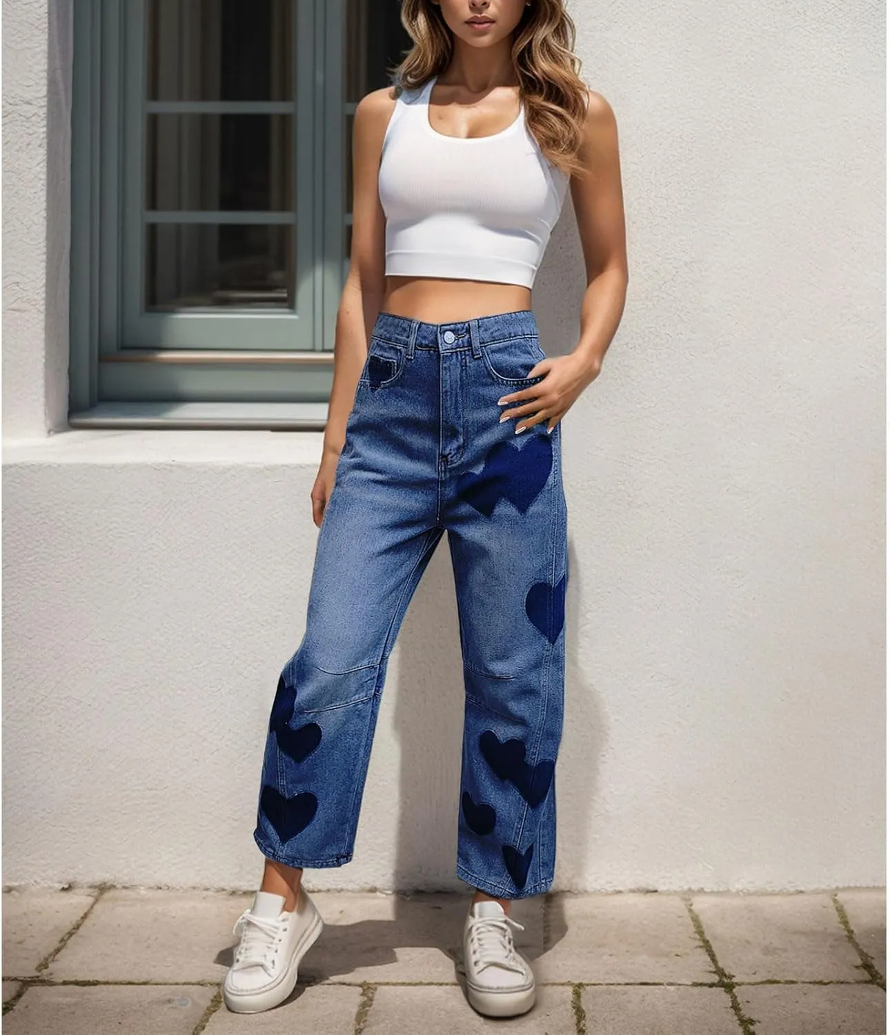 Straight Leg Jeans for Women High Waist Heart Printed Baggy Denim Pants Vintage Seam Front Wide Leg Jeans