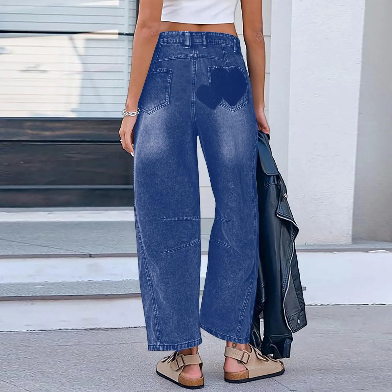 Straight Leg Jeans for Women High Waist Heart Printed Baggy Denim Pants Vintage Seam Front Wide Leg Jeans