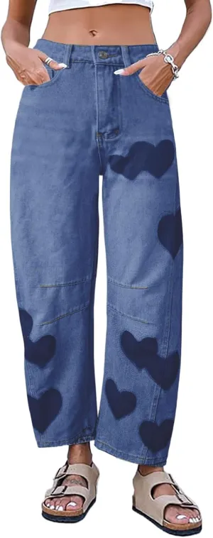 Straight Leg Jeans for Women High Waist Heart Printed Baggy Denim Pants Vintage Seam Front Wide Leg Jeans