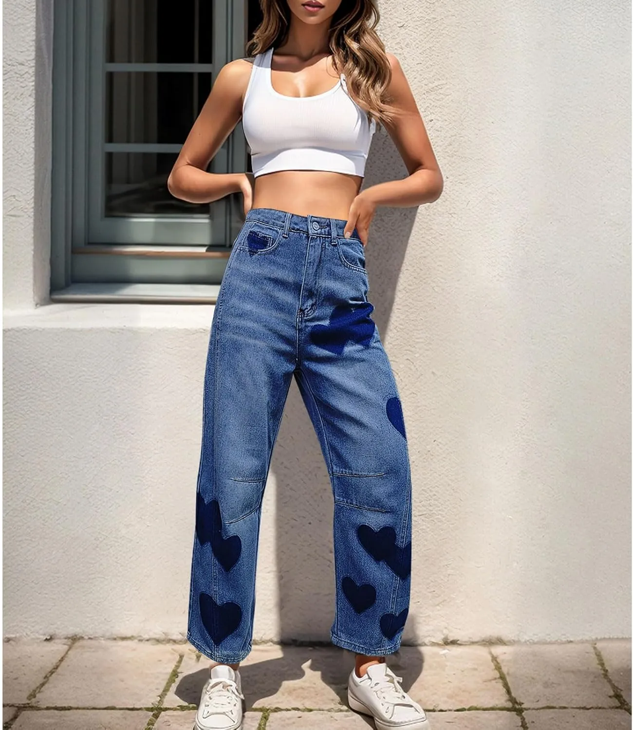 Straight Leg Jeans for Women High Waist Heart Printed Baggy Denim Pants Vintage Seam Front Wide Leg Jeans