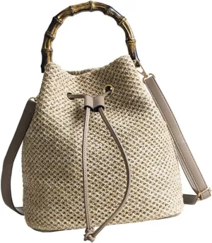 Straw Drawstring Bucket Bag Women's Crossbody Pouch Fashionable Handbag for Women