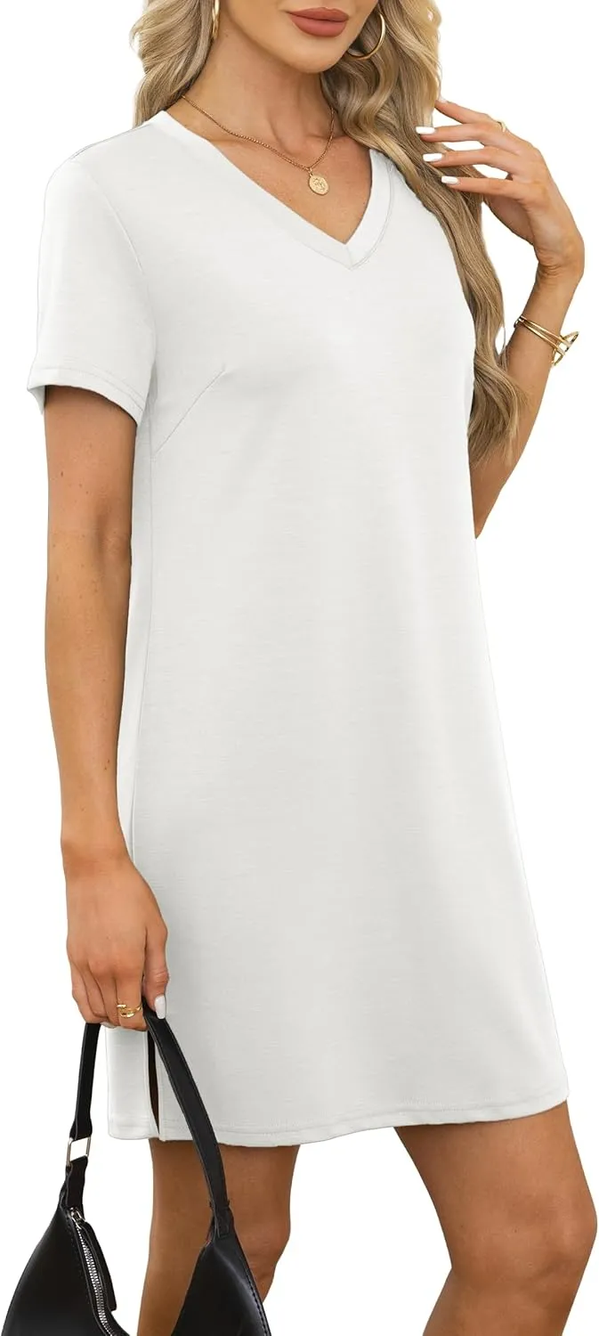 Summer Casual Dresses for Women 2025 Mini Vacation Dress V-Neck Short Sleeve Split Hem Beach Sundress