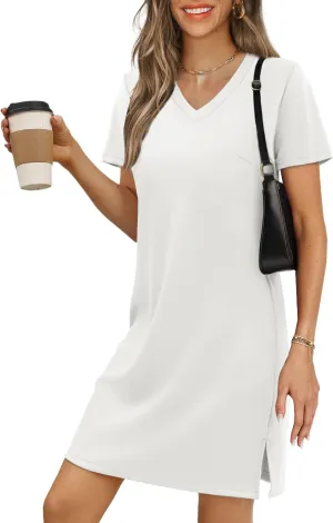 Summer Casual Dresses for Women 2025 Mini Vacation Dress V-Neck Short Sleeve Split Hem Beach Sundress