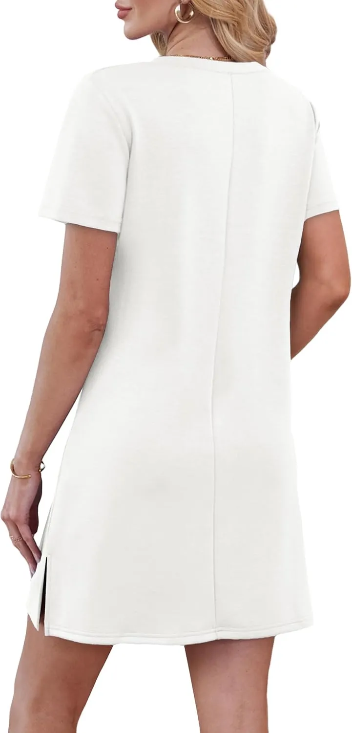 Summer Casual Dresses for Women 2025 Mini Vacation Dress V-Neck Short Sleeve Split Hem Beach Sundress