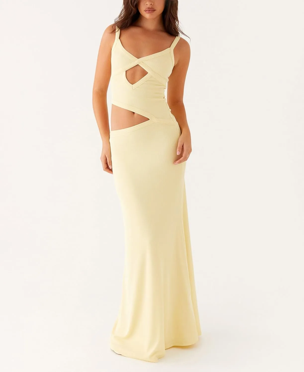 Summer Cut Out Long Dresses for Women Spaghetti Strap Bodycon Maxi Dress Backless V Neck Sleeveless Beach Sundresses