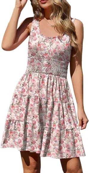 Summer Dresses for Women Casual Sleeveless Sundresses Elastic Waist Mini Sun Dress