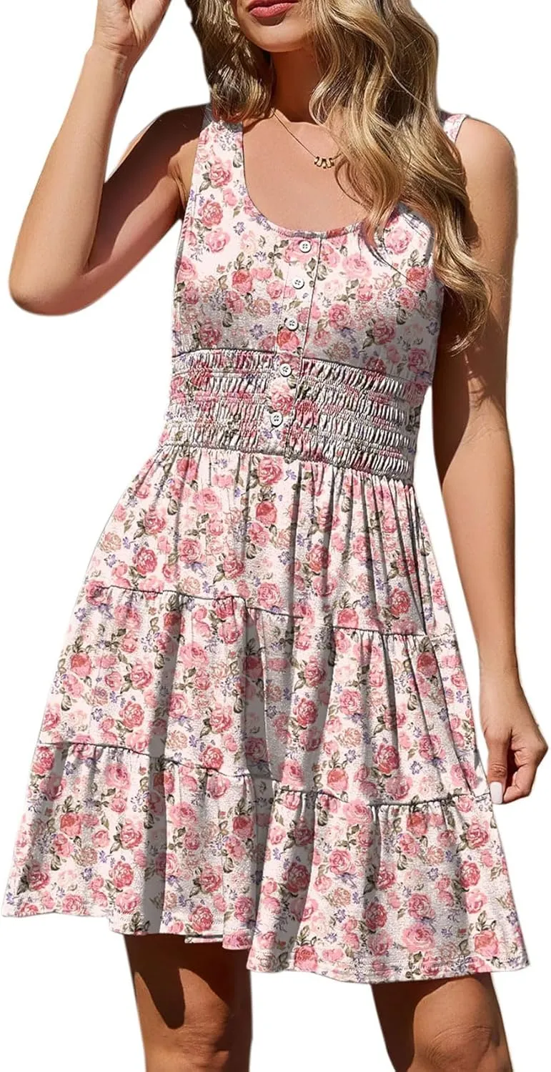 Summer Dresses for Women Casual Sleeveless Sundresses Elastic Waist Mini Sun Dress
