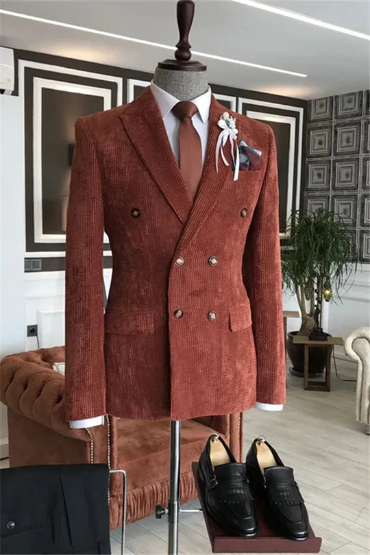 Suzhoufashion Lucas Black Corduroy Double Breasted Peaked Lapel Prom Men Suits
