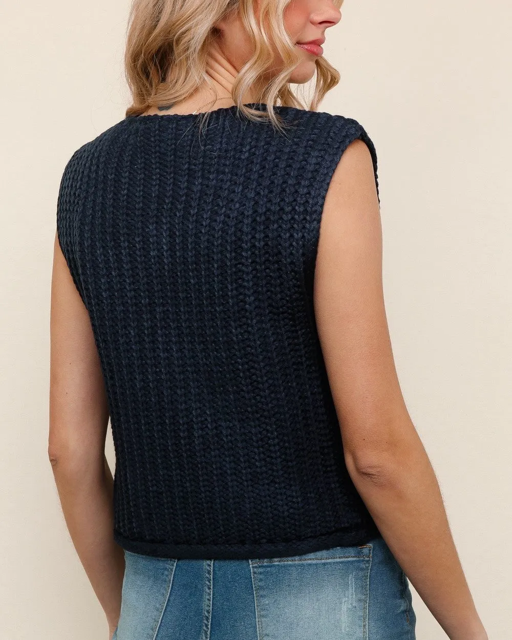 Sweater Vest with Gold Chunky Buttons - Navy