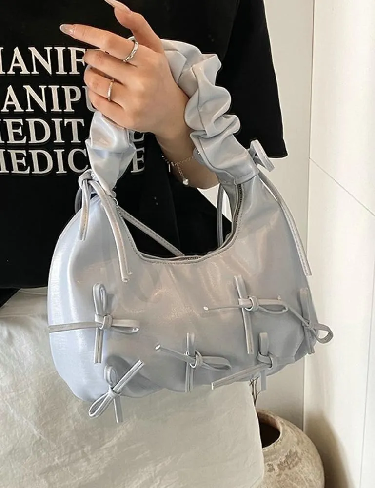 Sweet Cool Bow Tie Underarm Bag for Women Solid Color PU Leather Hobo Bag Commuter Party Travel Shoulder Bags 2025