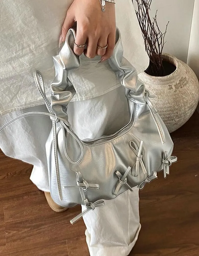 Sweet Cool Bow Tie Underarm Bag for Women Solid Color PU Leather Hobo Bag Commuter Party Travel Shoulder Bags 2025
