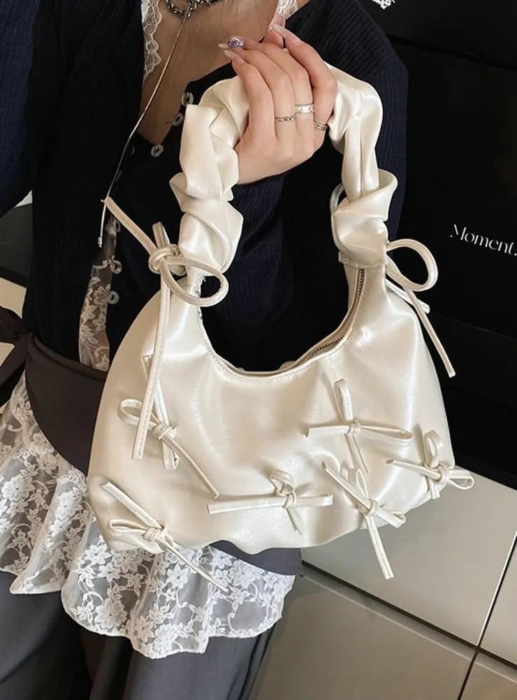 Sweet Cool Bow Tie Underarm Bag for Women Solid Color PU Leather Hobo Bag Commuter Party Travel Shoulder Bags 2025