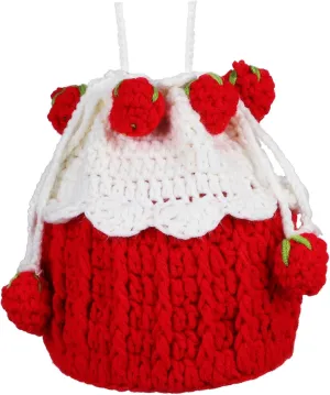 Sweet Strawberries Cake Bun Knitted Purse Bucket Bag Fashionable Drawstring Handbag