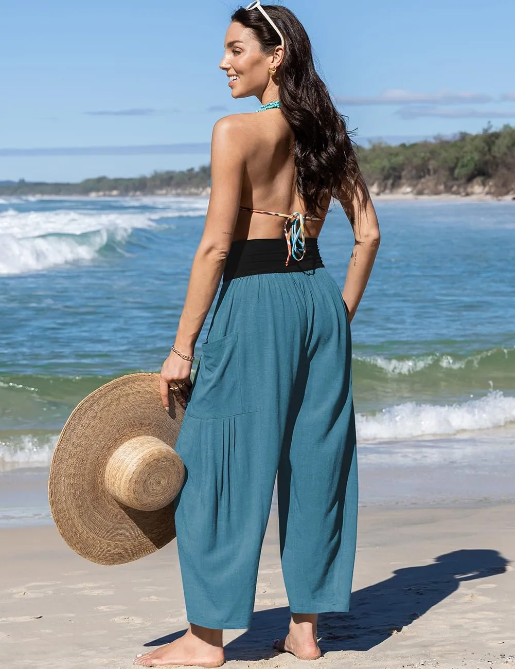 TARSE Womens Linen Wide Leg Pants Casual Loose Elastic Waist Beach Travel Vacation Palazzo Harem Pants with Pockets