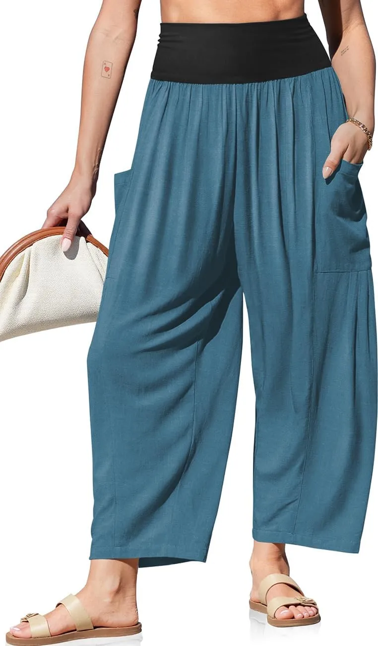 TARSE Womens Linen Wide Leg Pants Casual Loose Elastic Waist Beach Travel Vacation Palazzo Harem Pants with Pockets