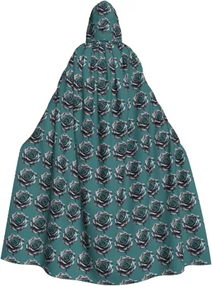 Teal Gray Rose Flower print Hooded cape for adults, Oversized Hooded Cloak with Bow Tie, Adult party dress cape