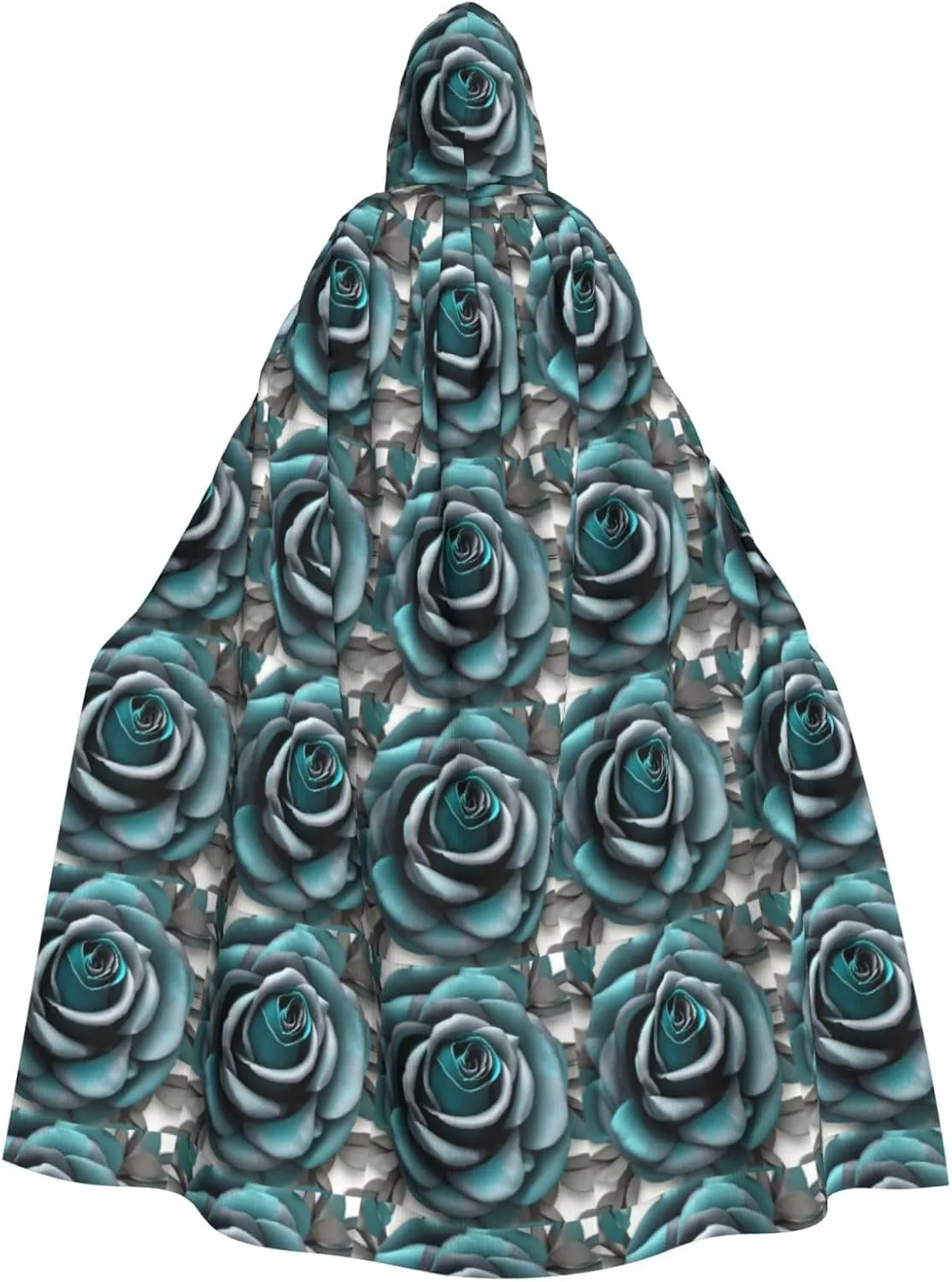 Teal Gray Rose print Hooded cape for adults, Oversized Hooded Cloak with Bow Tie, Adult party dress cape